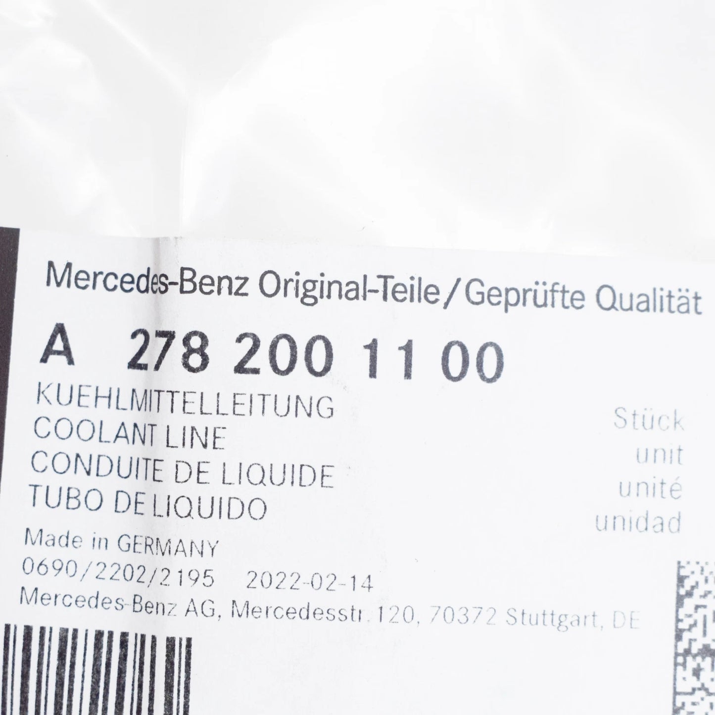 NEW MERCEDES-BENZ S W221 TURBO LEFT RETURN COOLANT LINE A2782001100 ORIGINAL