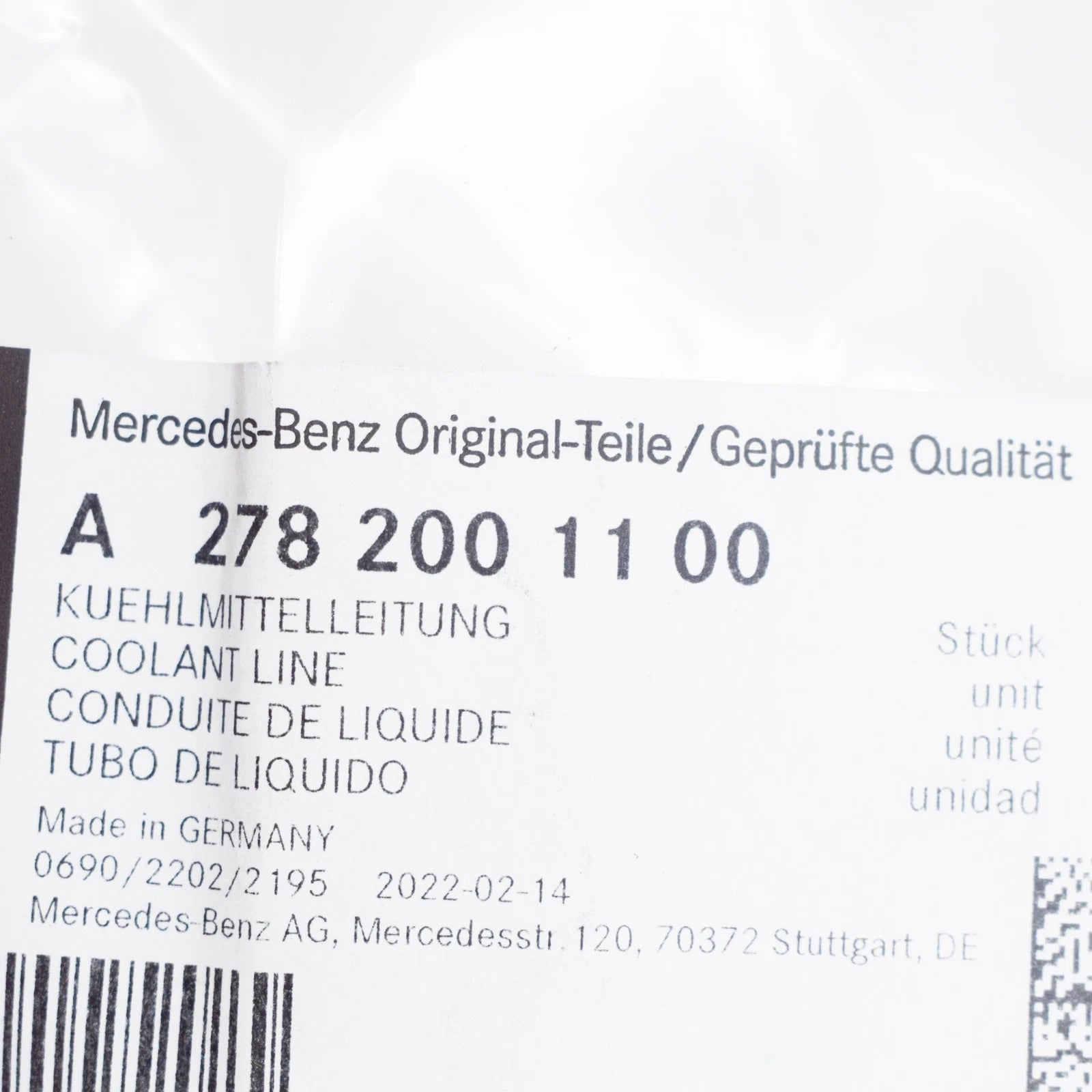 NEW MERCEDES-BENZ S W221 TURBO LEFT RETURN COOLANT LINE A2782001100 ORIGINAL