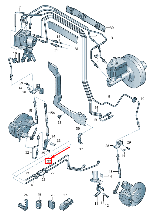 new skoda superb mk2 3t rear left brake line 3t0614741a original