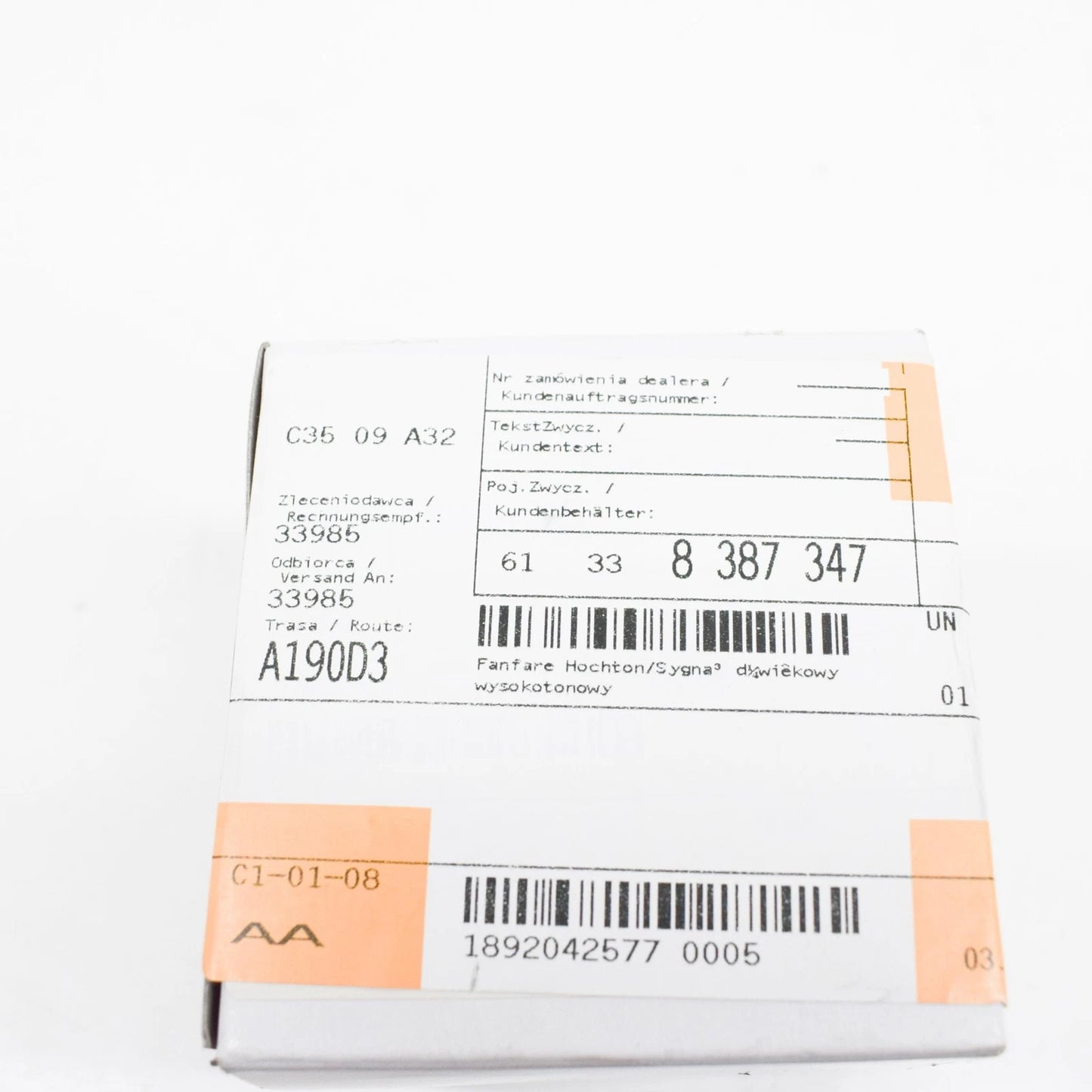 NEW BMW X5 E53 HIGH TONE HORN SIGNAL 61338387347 8387347 ORIGINAL