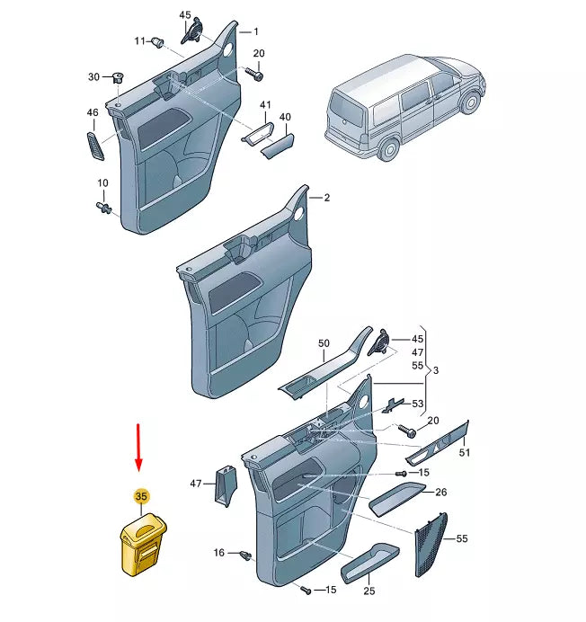 NEW VW TRANSPORTER T5 FRONT DOOR PANEL REFUSE CONTAINER 7E586770171N