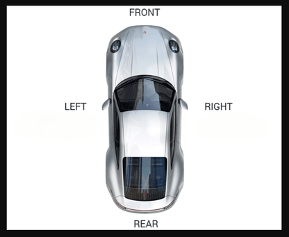 Aerial view of a silver sports car labeled with front, rear, left, and right directions.