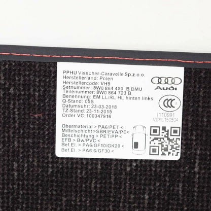 NEW AUDI A4 AVANT B9 VELOUR BLACK REAR FLOOR MAT SET 8W0864450BBMU