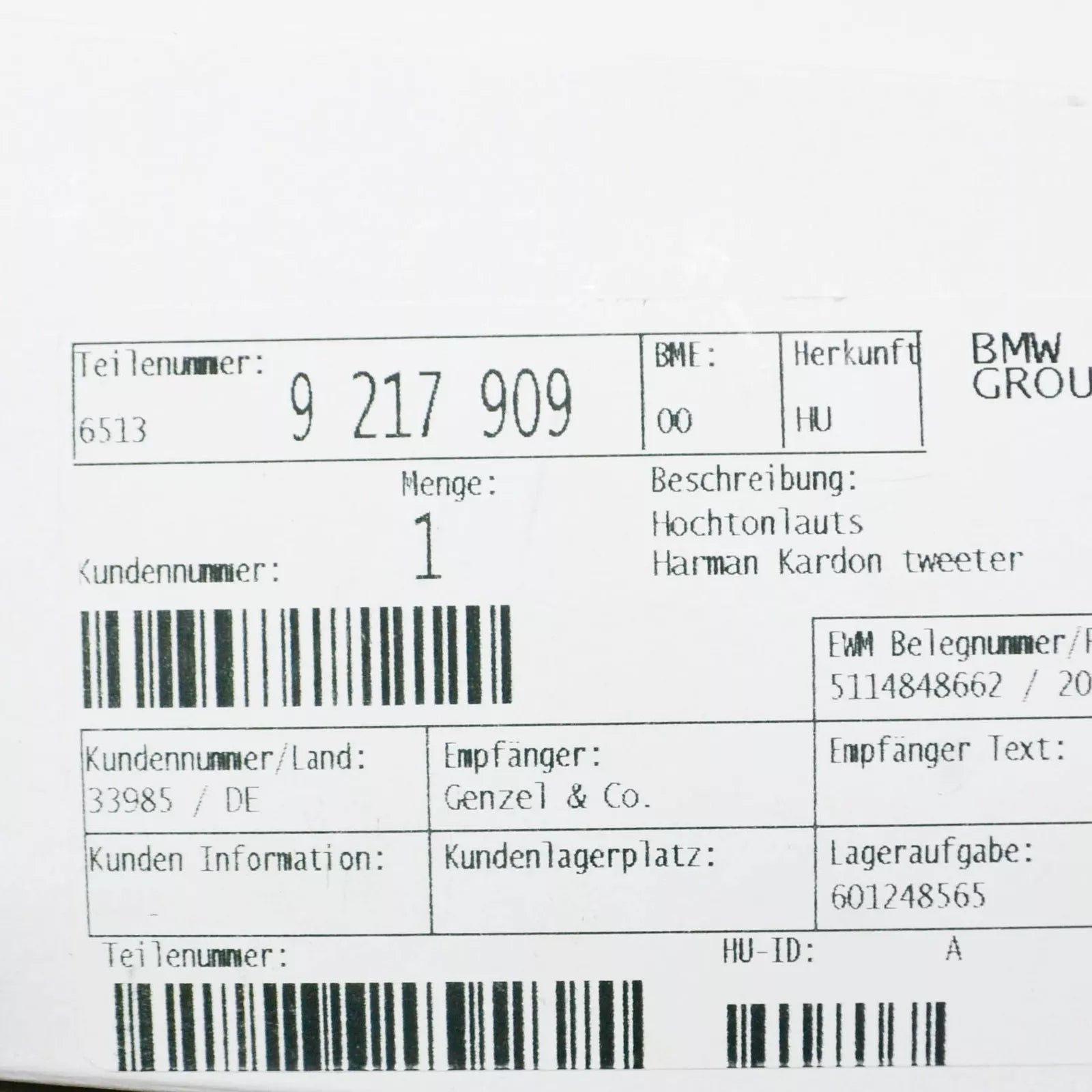 NEW BMW 1 E81 REAR HARMAN KARDON TWEETER 65139217909 9217909 ORIGINAL