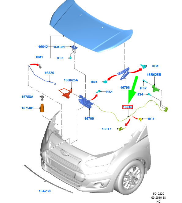 new ford transit connect mk2 front hood control cable 2519616 original