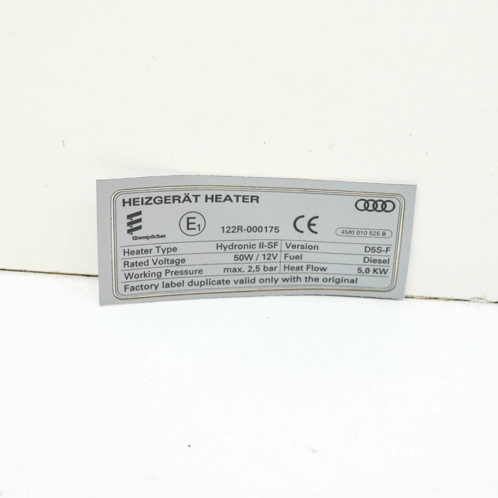 NEW AUDI Q7 4M VEHICLE DATA TAG FOR AUXILIARY HEATER 4M0010525B ORIGINAL