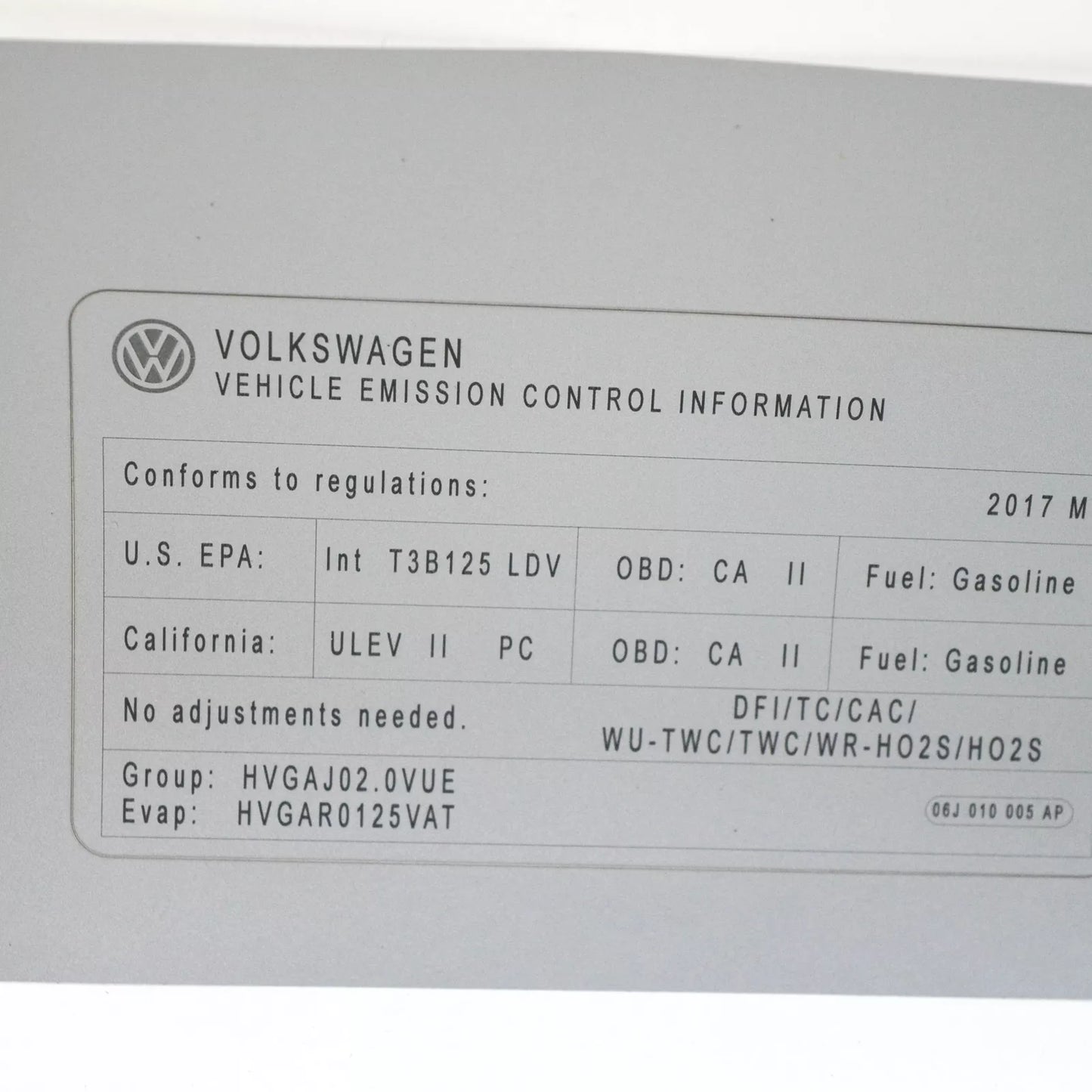 NEW VOLKSWAGEN ENGINE DATA NOTICE LABEL STICKER 06J010005AP ORIGINAL