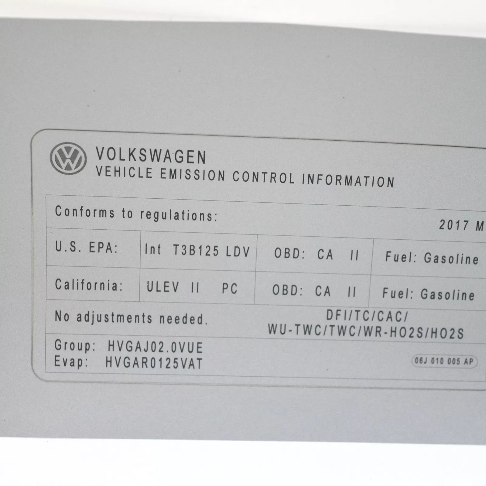 NEW VOLKSWAGEN ENGINE DATA NOTICE LABEL STICKER 06J010005AP ORIGINAL