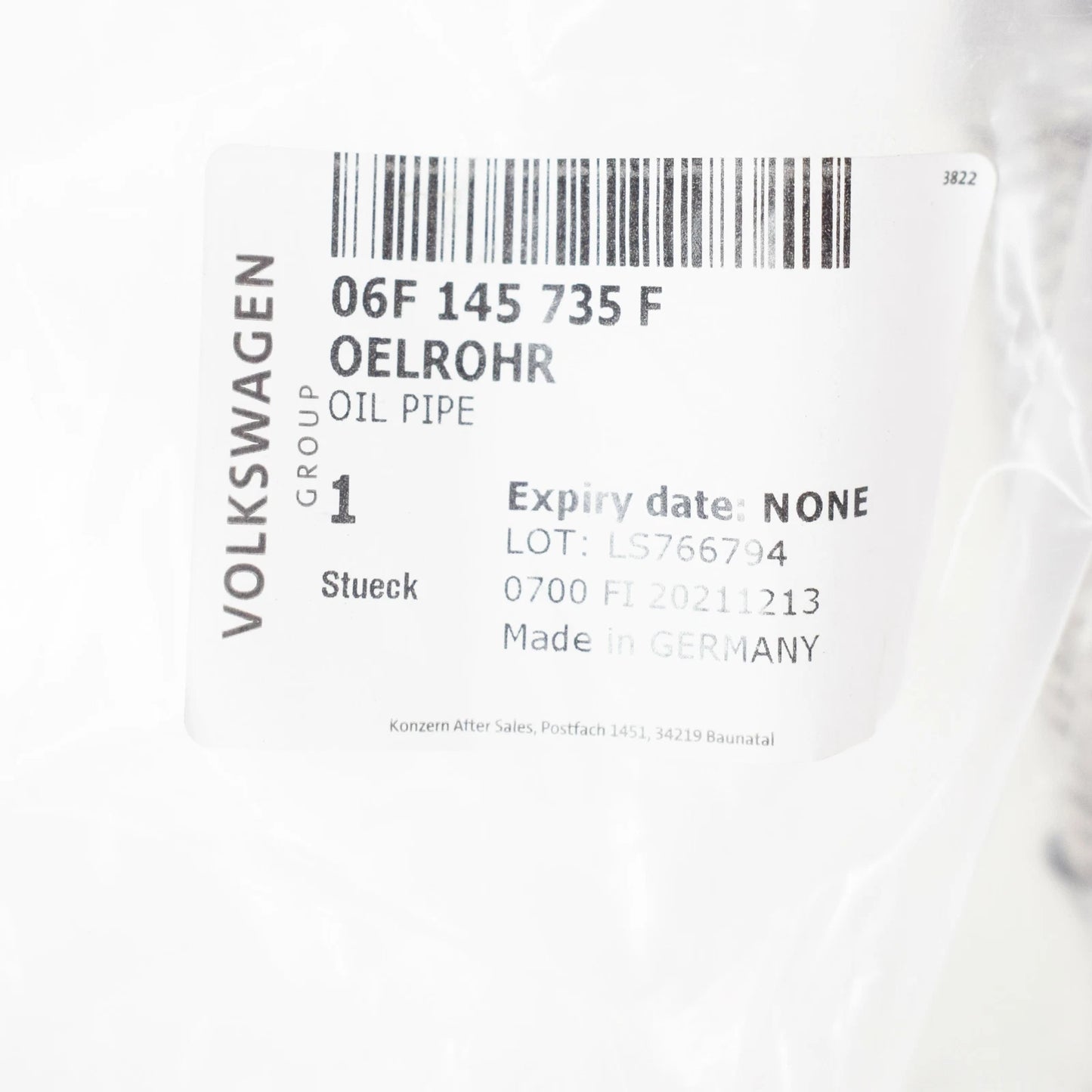 NEW AUDI A1 8X OIL RETURN PIPE 06F145735F