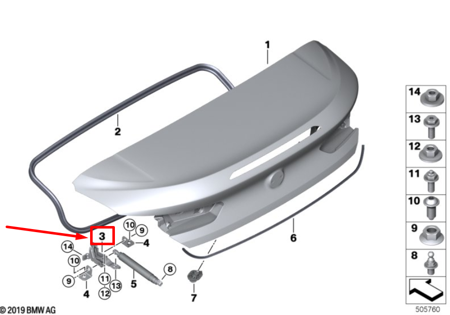 new bmw 8 cabrio g14, f91 rear left deck lid hinge 41007417337 7417337 original