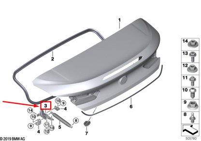 new bmw 8 cabrio g14, f91 rear left deck lid hinge 41007417337 7417337 original