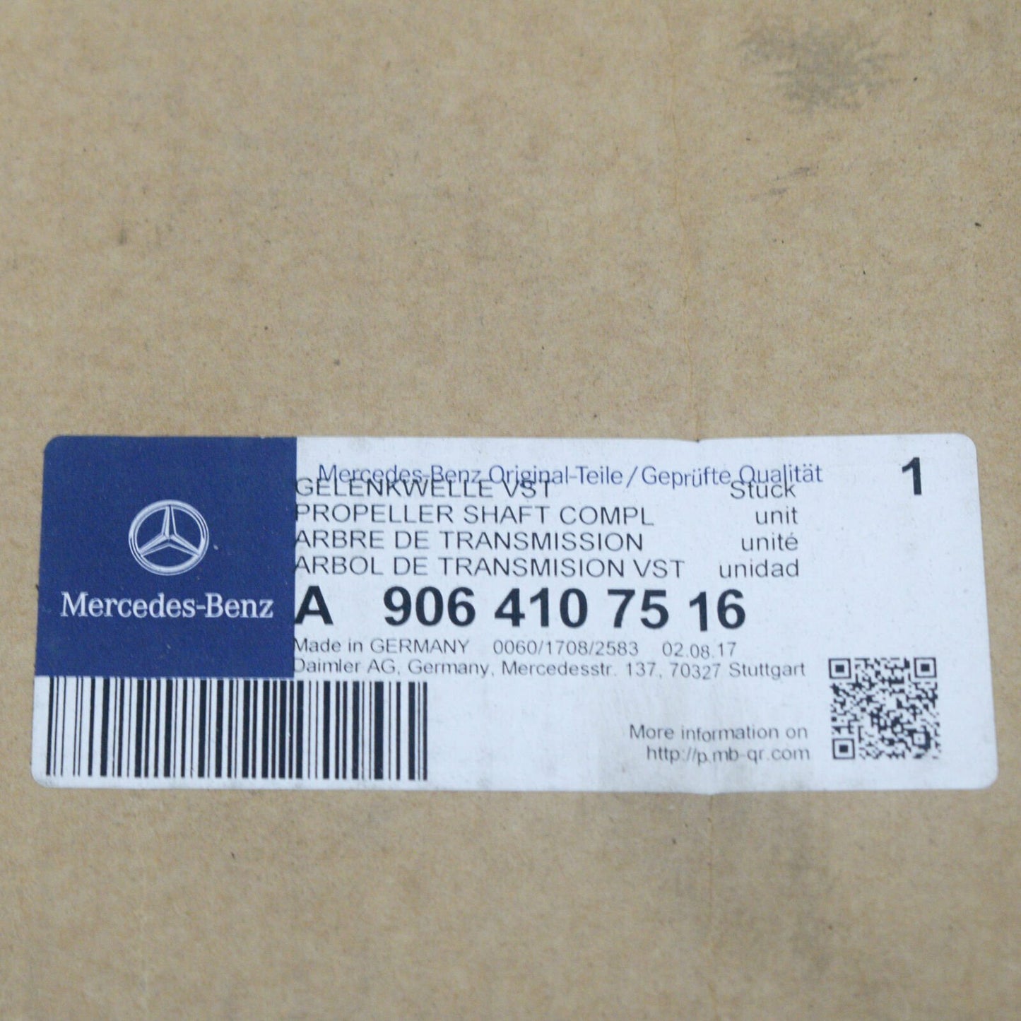 new mercedes-benz sprinter 906 propshaft cardan a9064107516 original