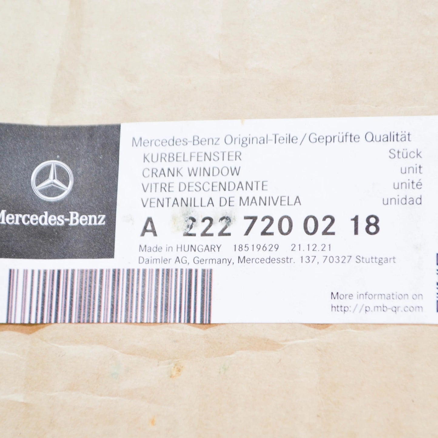 NEW MERCEDES-BENZ S-CLASS W222 FRONT RIGHT DOOR GLASS A2227200218 ORIGINAL