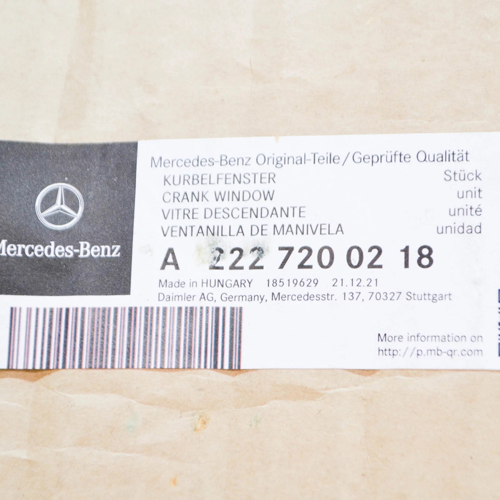 NEW MERCEDES-BENZ S-CLASS W222 FRONT RIGHT DOOR GLASS A2227200218 ORIGINAL