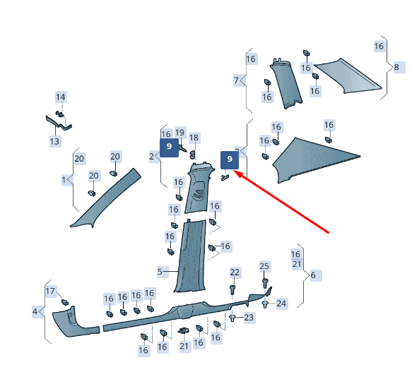 new skoda superb mk3 right upper b-pillar cap 3v0853437y20 original