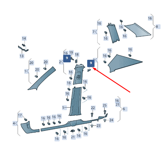 new skoda superb mk3 right upper b-pillar cap 3v0853437y20 original