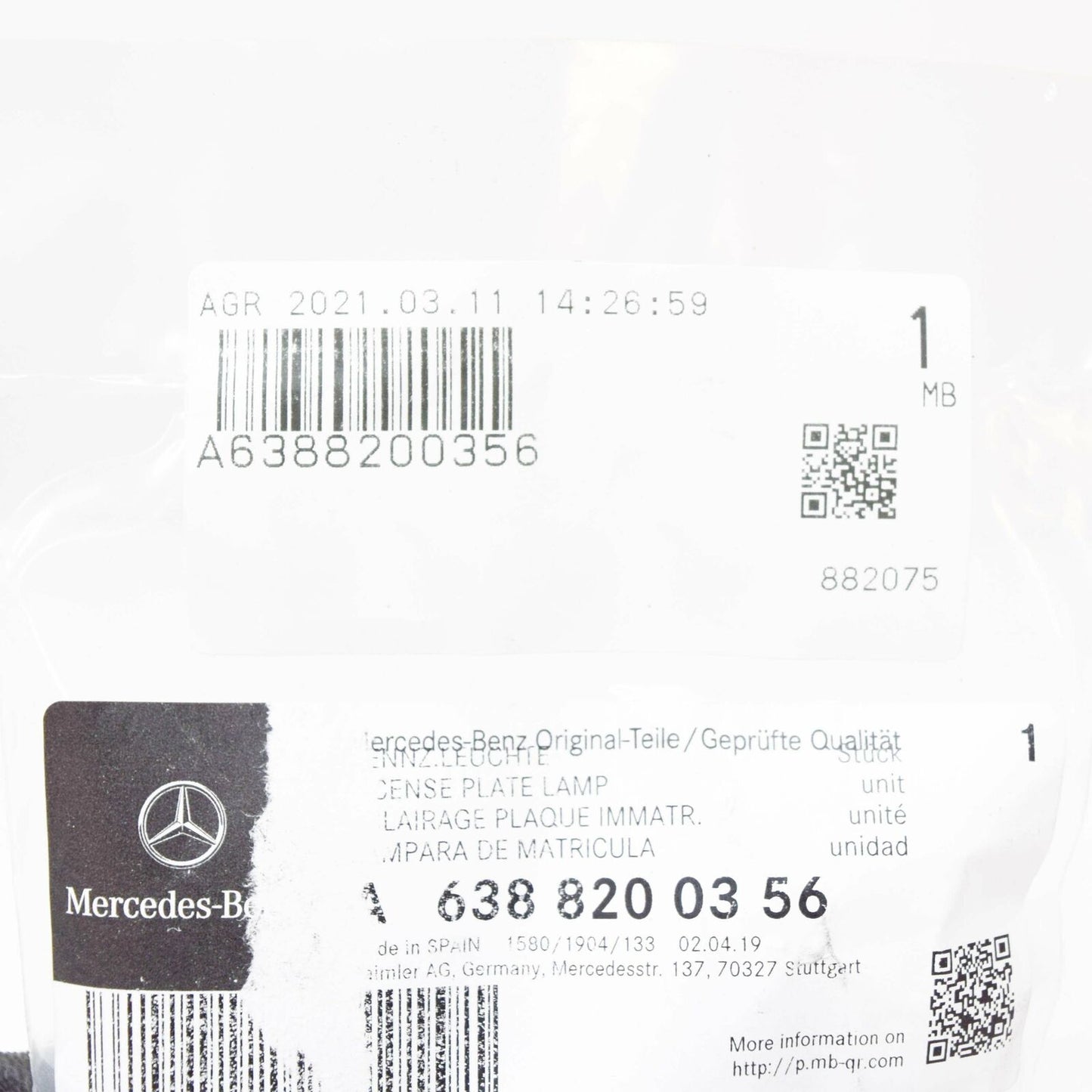 NEW MERCEDES-BENZ VITO W638 REAR LICENSE PLATE LAMP A6388200356 ORIGINAL