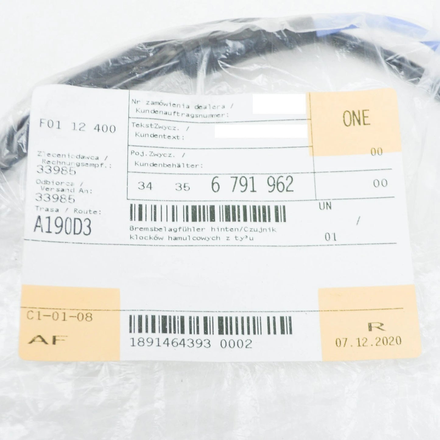 NEW BMW 5 F10 REAR BRAKE PAD WEAR SENSOR 34356791962 6791962 ORIGINAL