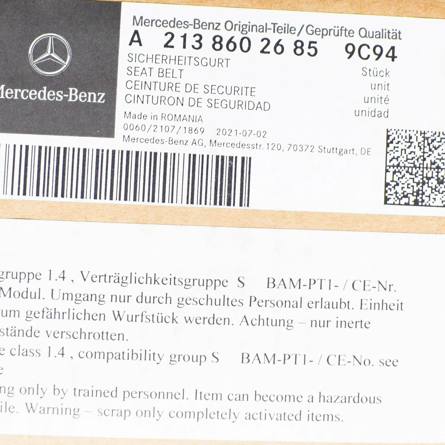 NEW MERCEDES-BENZ E W213 REAR RIGHT SEAT BELT A21386026859C94 ORIGINAL