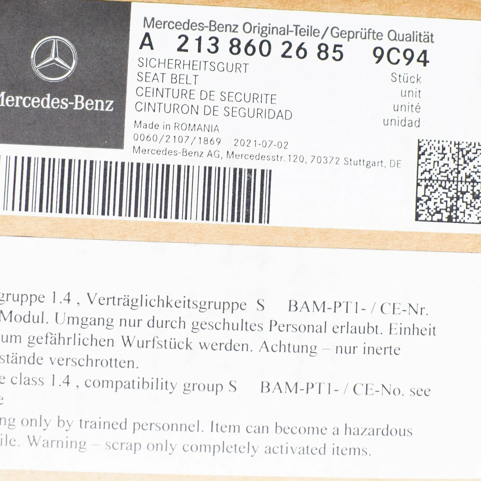 NEW MERCEDES-BENZ E W213 REAR RIGHT SEAT BELT A21386026859C94 ORIGINAL