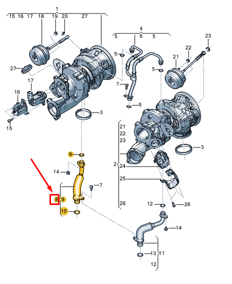 new audi a8 d5 right turbocharger oil return line 0p2145772a original