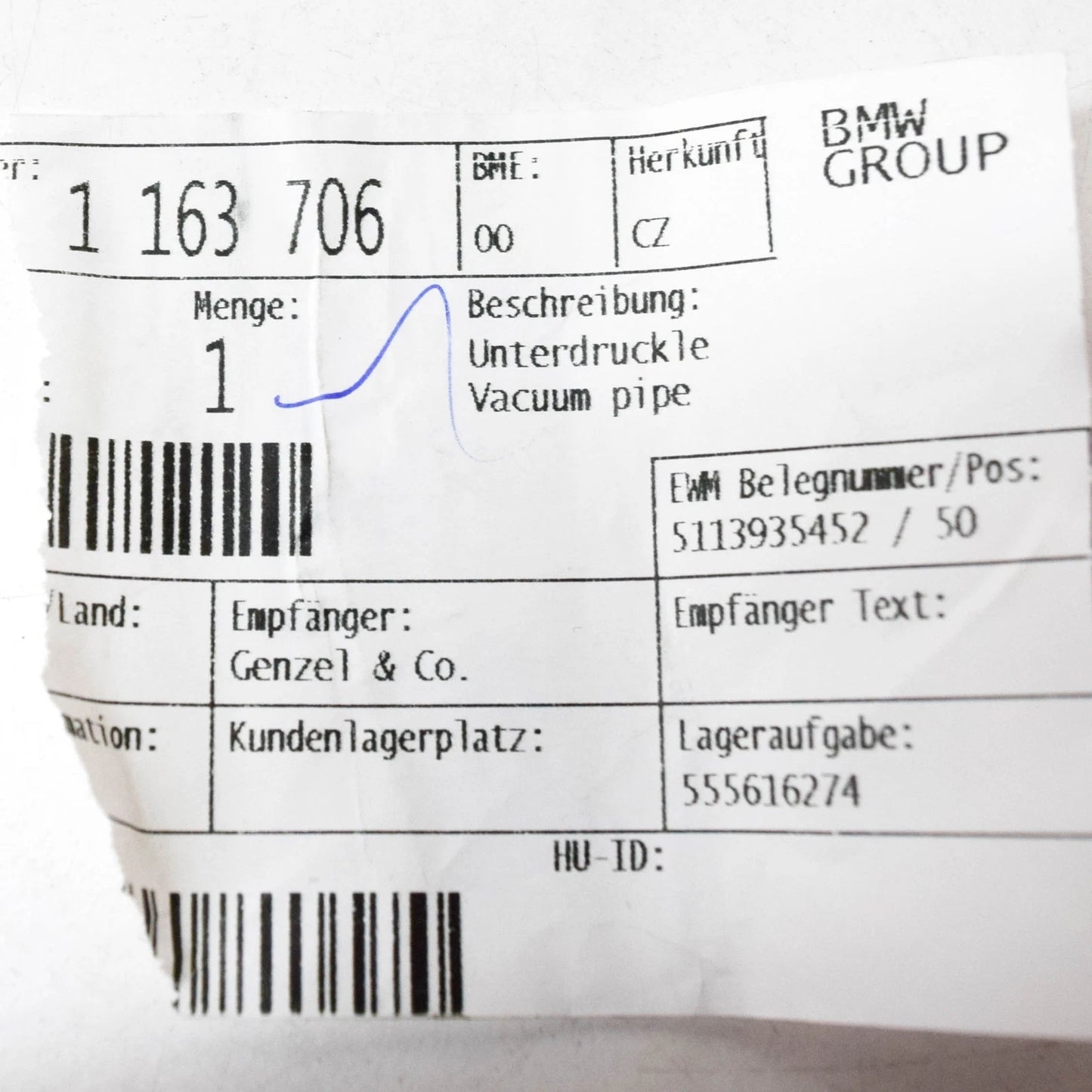 NEW BMW 3 E36 POWER BRAKE UNIT DEPRESSION VACUUM PIPE 34331163706 ORIGINAL