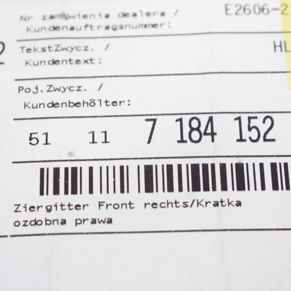 NEW BMW 7 F01 FRONT RIGHT SIDE GRILLE 51117184152 7184152 ORIGINAL