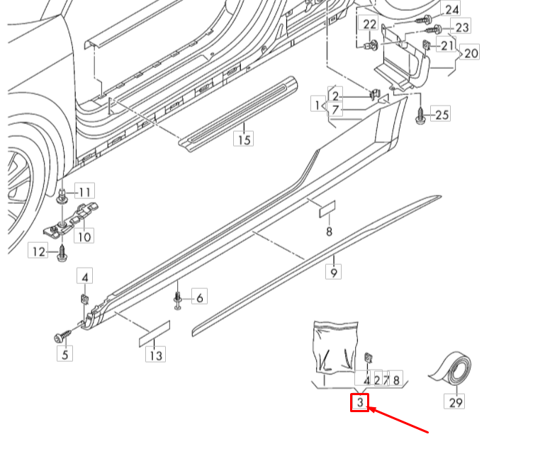 NEW AUDI TT MK3 SIDE MEMBER ADHESIVE TAPE WITH FIXING PARTS 8S0898909A ORIGINAL