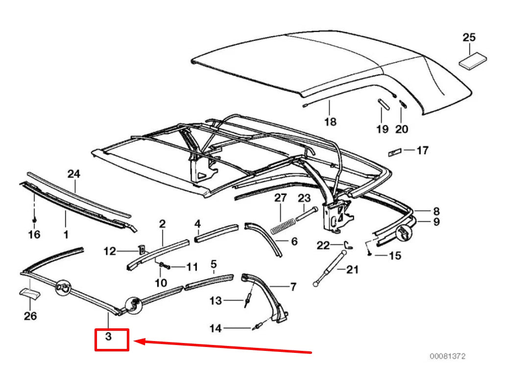 NEW BMW 3 E36 FOLDING TOP MOUNTING COWL GASKET 54318204146 8204146 ORIGINAL