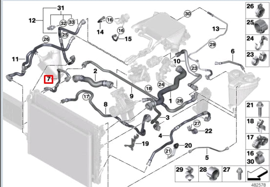 NEW BMW 5 G30 LEFT WATER COOLANT RADIATOR HOSE 17128580213 ORIGINAL