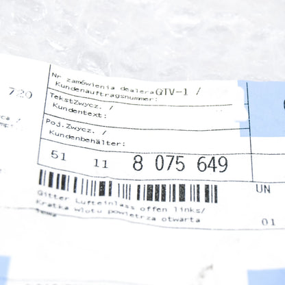 NEW BMW 3 G20 G21 FRONT BUMPER LEFT OPEN GRILLE M 51118075649 ORIGINAL