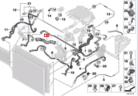 NEW BMW 5 G30 ENGINE COOLANT HOSE 17128575765 ORIGINAL