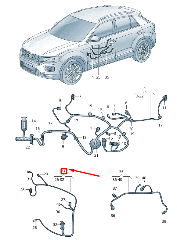 new vw t-roc a11 drivers door trim panel cable harness rhd 2gb971153c original