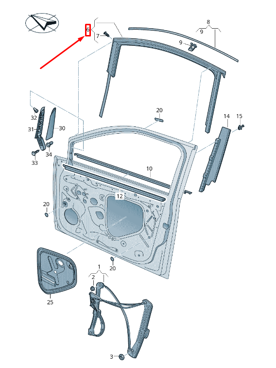 new vw golf sportsvan am front left door window guide 510837431h5ap original