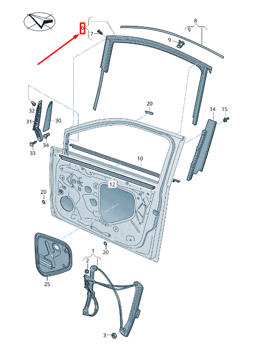 new vw golf sportsvan am front left door window guide 510837431h5ap original