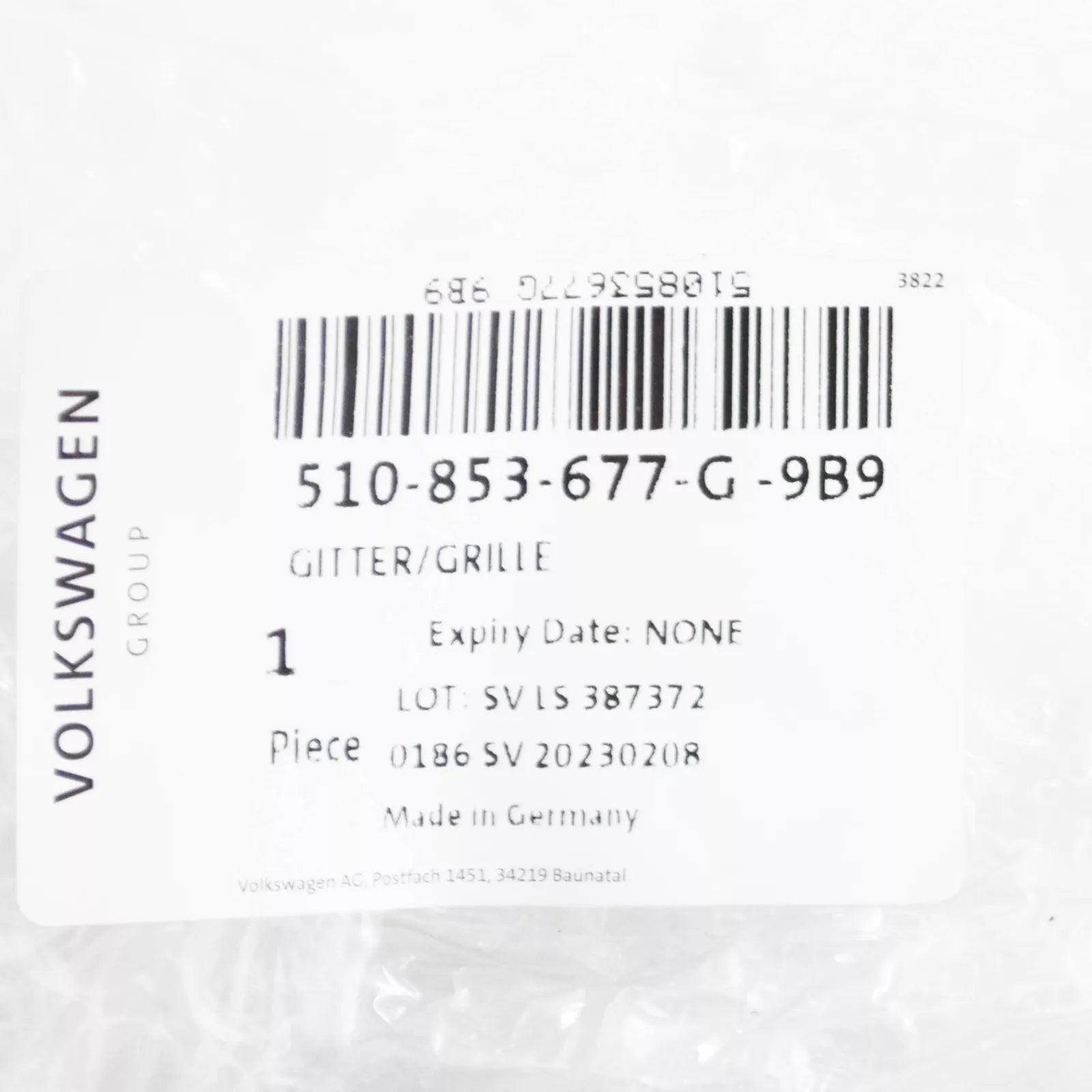 NEW VW GOLF SPORTSVAN AM1 FRONT BUMPER CENTER GRILLE 510853677G9B9 ORIGINAL