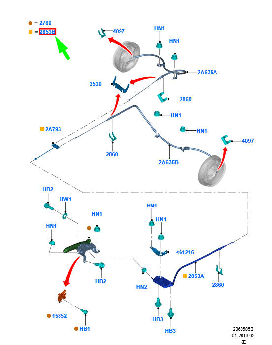 new ford ranger t6 mk1 parking brake cable lhd 2217833 jb3c-2853-aa original