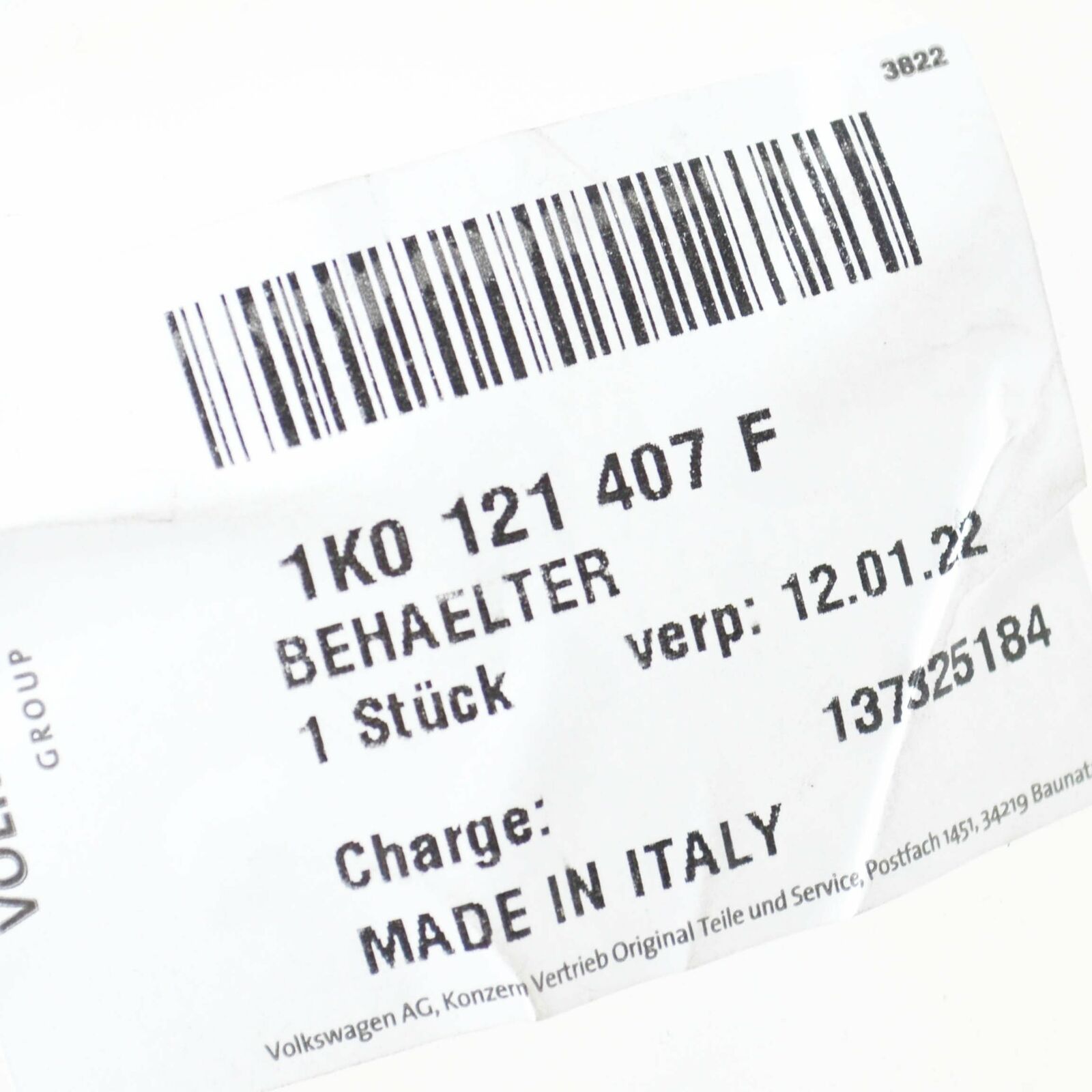 NEW VOLKSWAGEN CADDY 2K COOLANT EXPANSION TANK 1K0121407F ORIGINAL