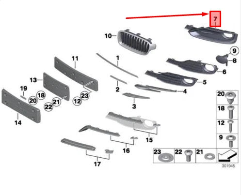 NEW BMW HYBRID 3 F30 LEFT SPORT OPEN GRID FOG LIGHT GRILLE 51117279701 ORIGINAL