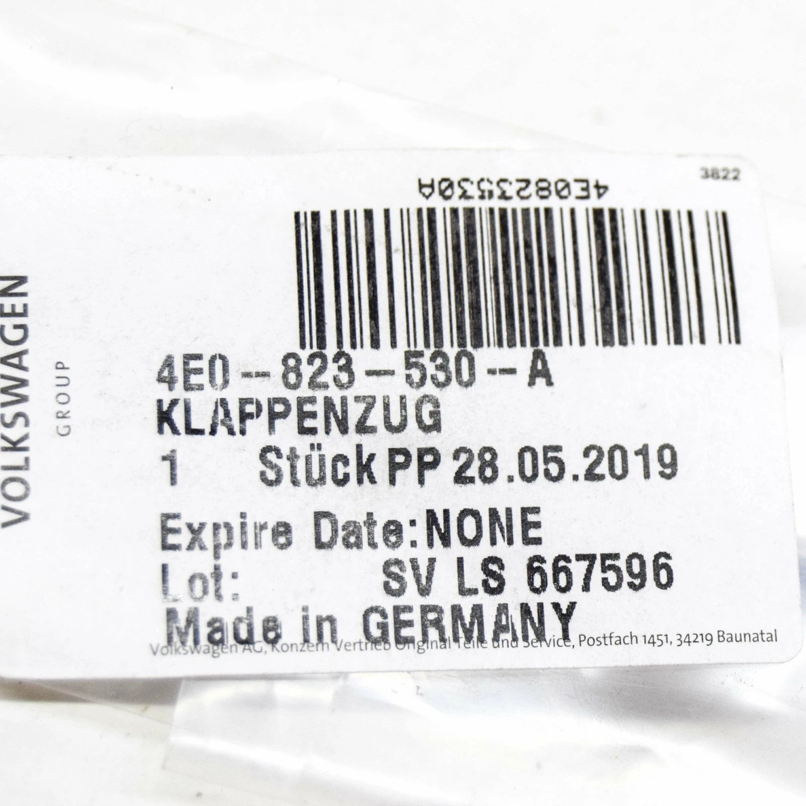 NEW AUDI A8 QUATTRO D3 LID LOCK CABLE 4E0823530A ORIGINAL