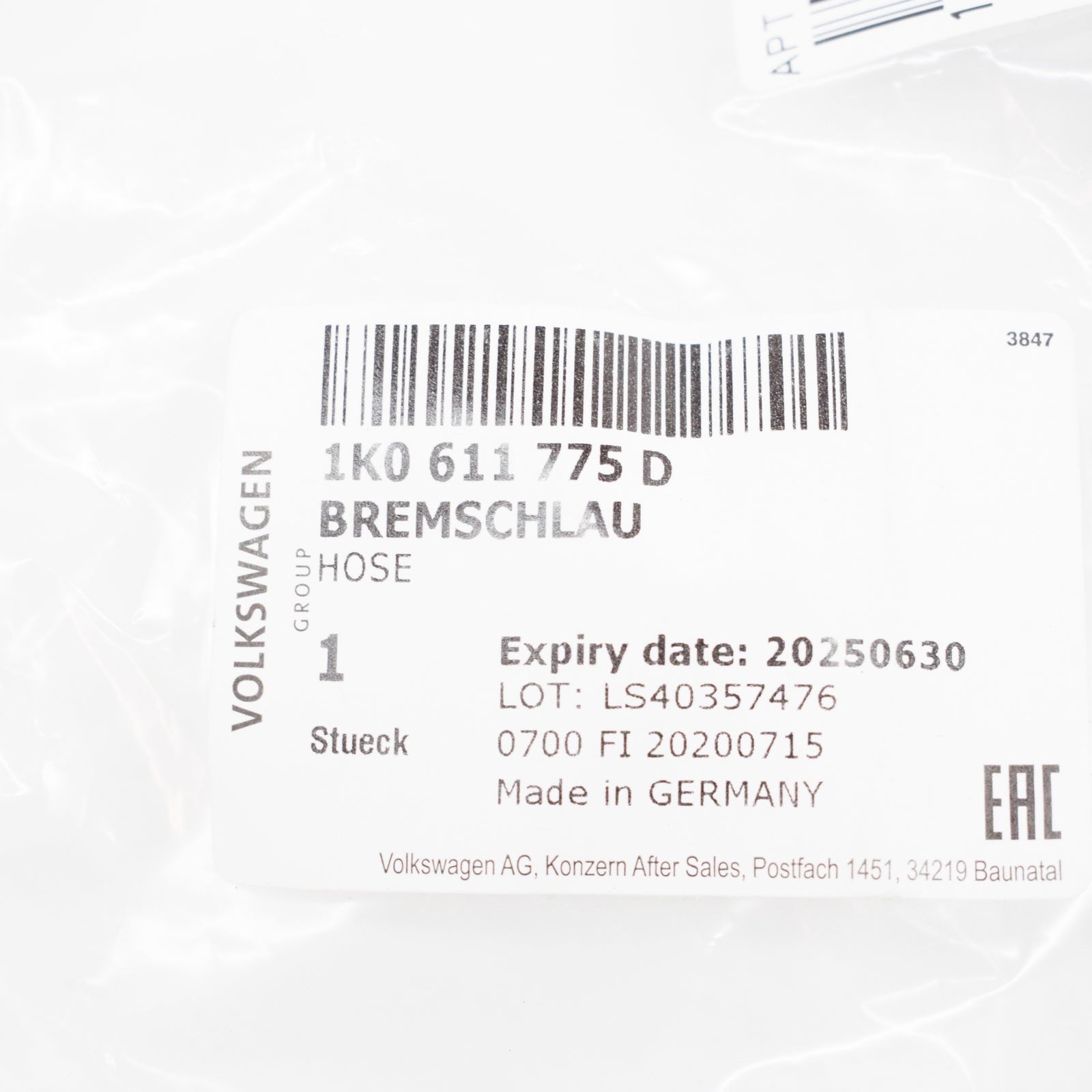 NEW AUDI A1 8X REAR LEFT BRAKE PIPE 1K0611775D ORIGINAL