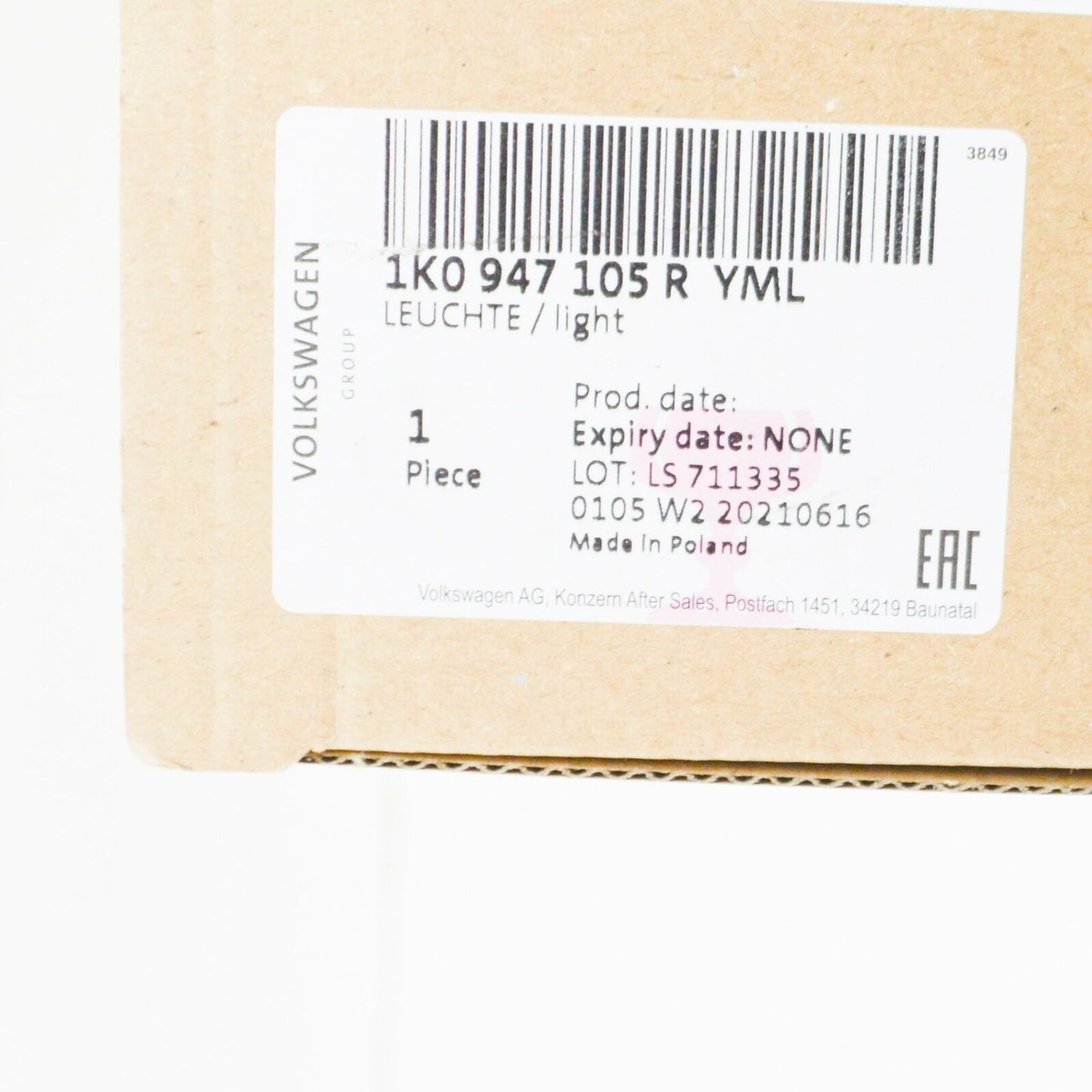 NEW VW BEETLE A5 FRONT DOME INTERIOR AND READING LIGHT 1K0947105RYML ORIGINAL