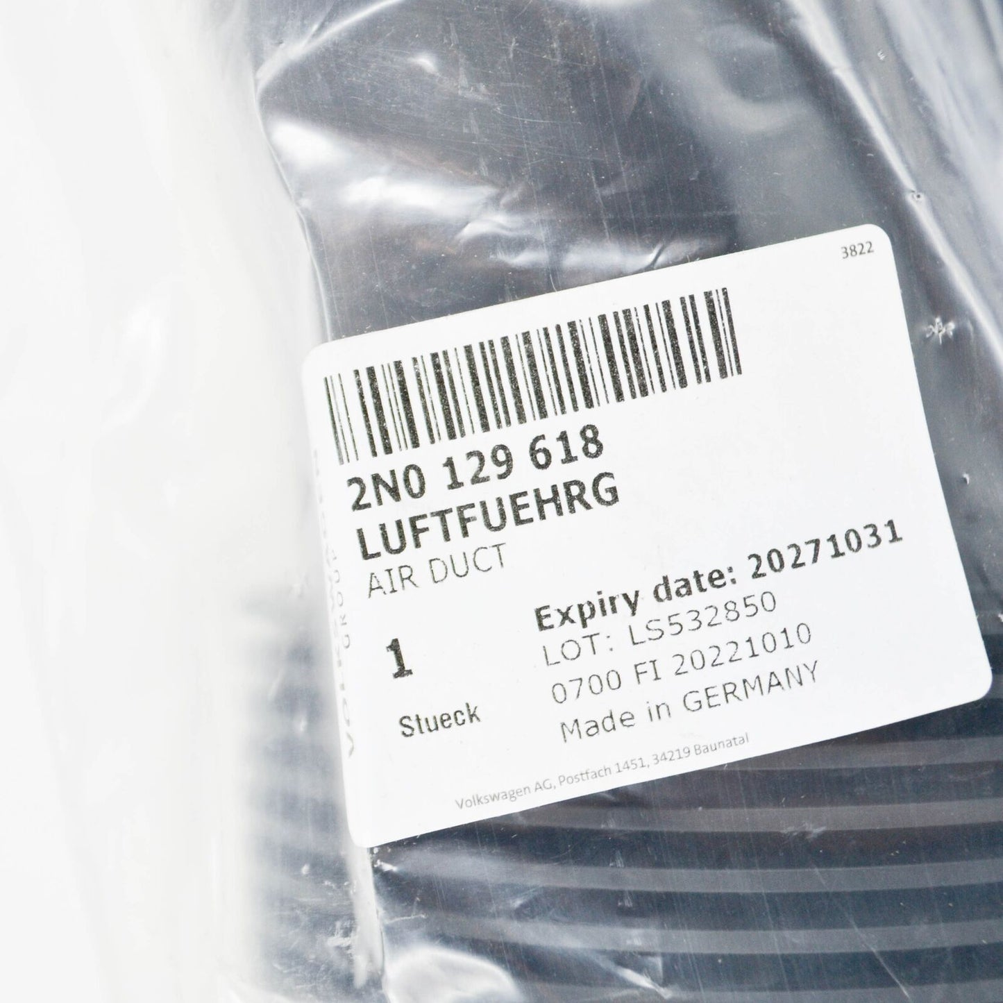 NEW VW CRAFTER SZ AIR INTAKE TUBE GUIDE PIPE 2N0129618 ORIGINAL