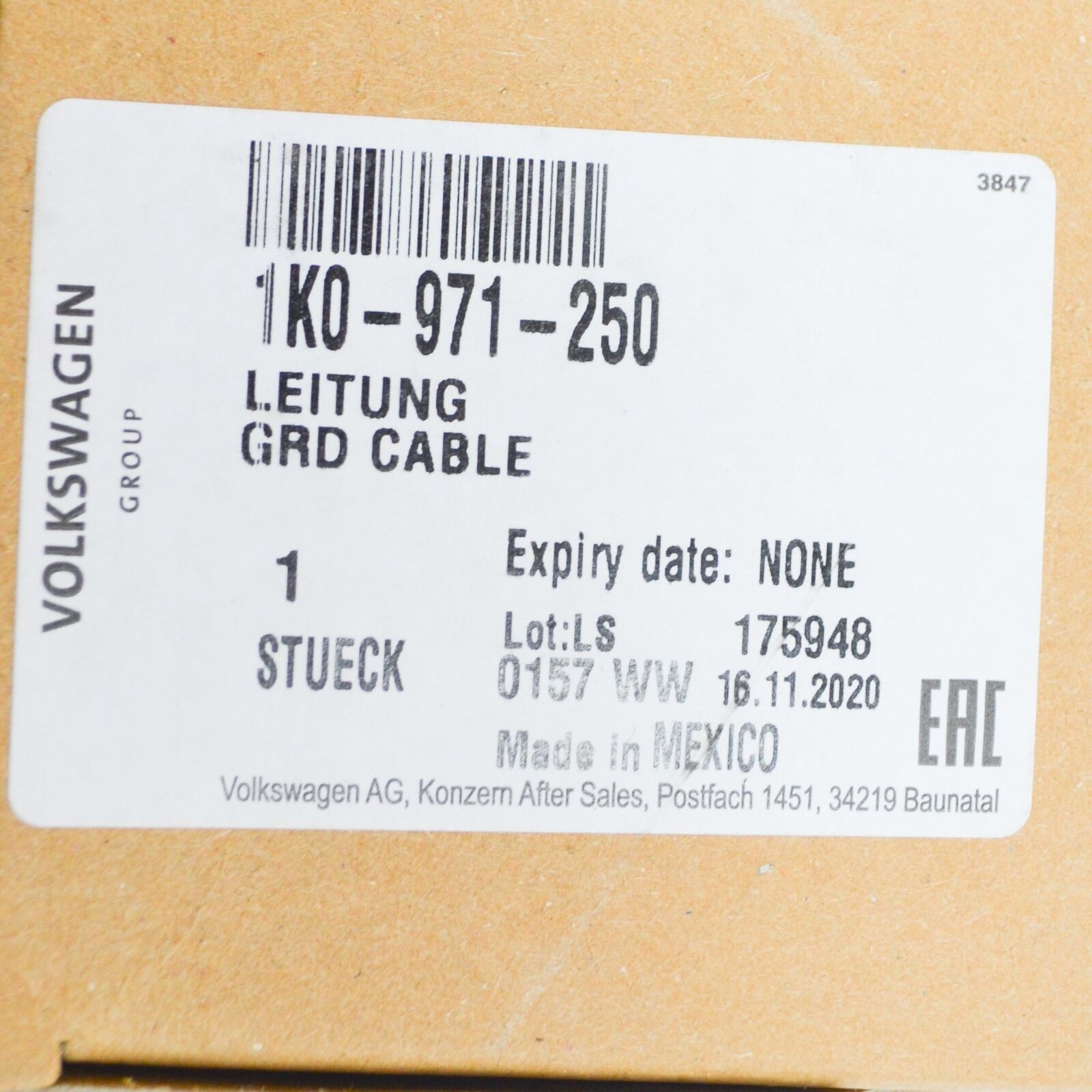 NEW AUDI A3 8P NEGATIVE BATTERY EARTH LINE CABLE 1K0971250 ORIGINAL