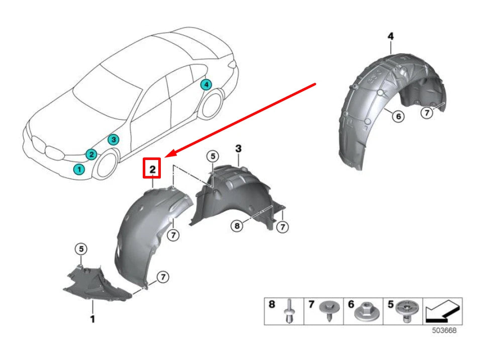 NEW BMW 3 G20,G28 FRONT LEFT INNER FENDER FRONT PART 7340909 51717340909