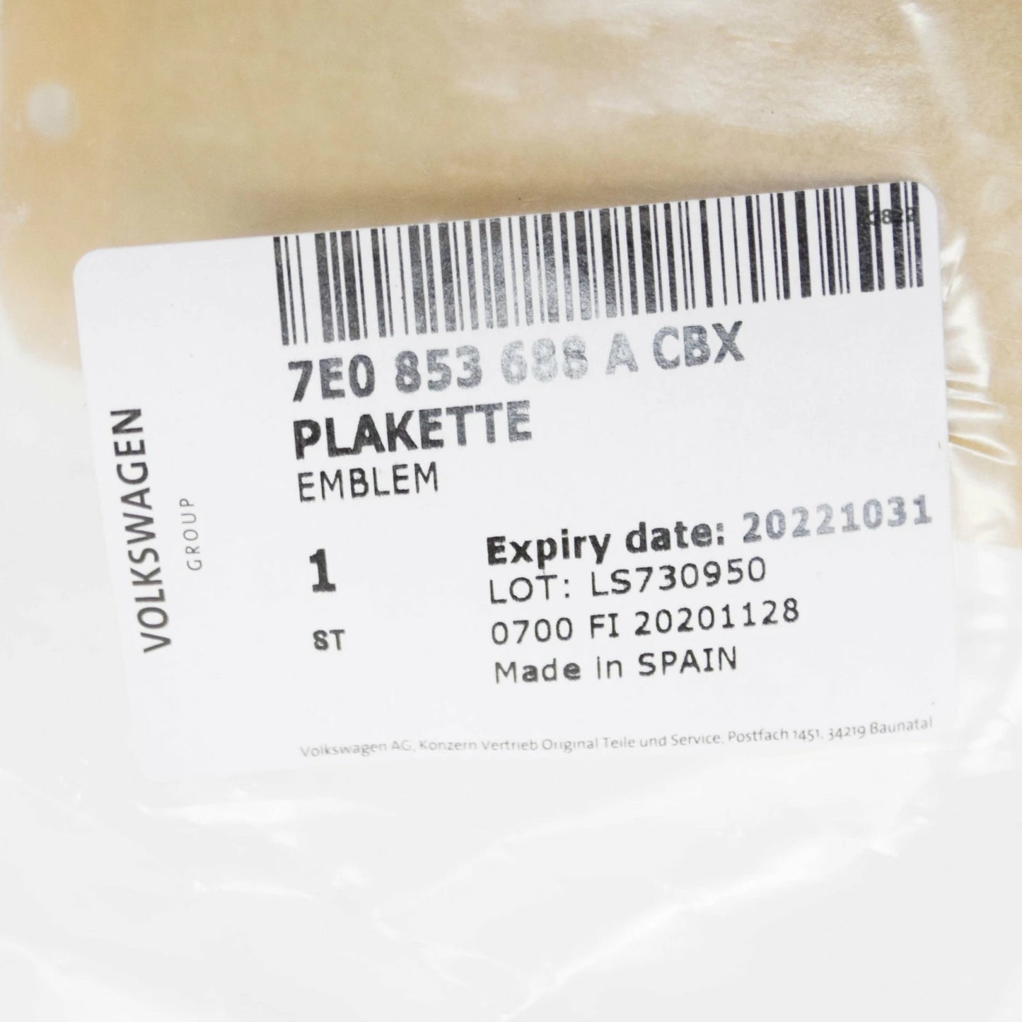 NEW VW TRANSPORTER T6 FRONT LEFT DOOR BADGE SELF-ADHESIVE 7E0853688ACBX ORIGINAL