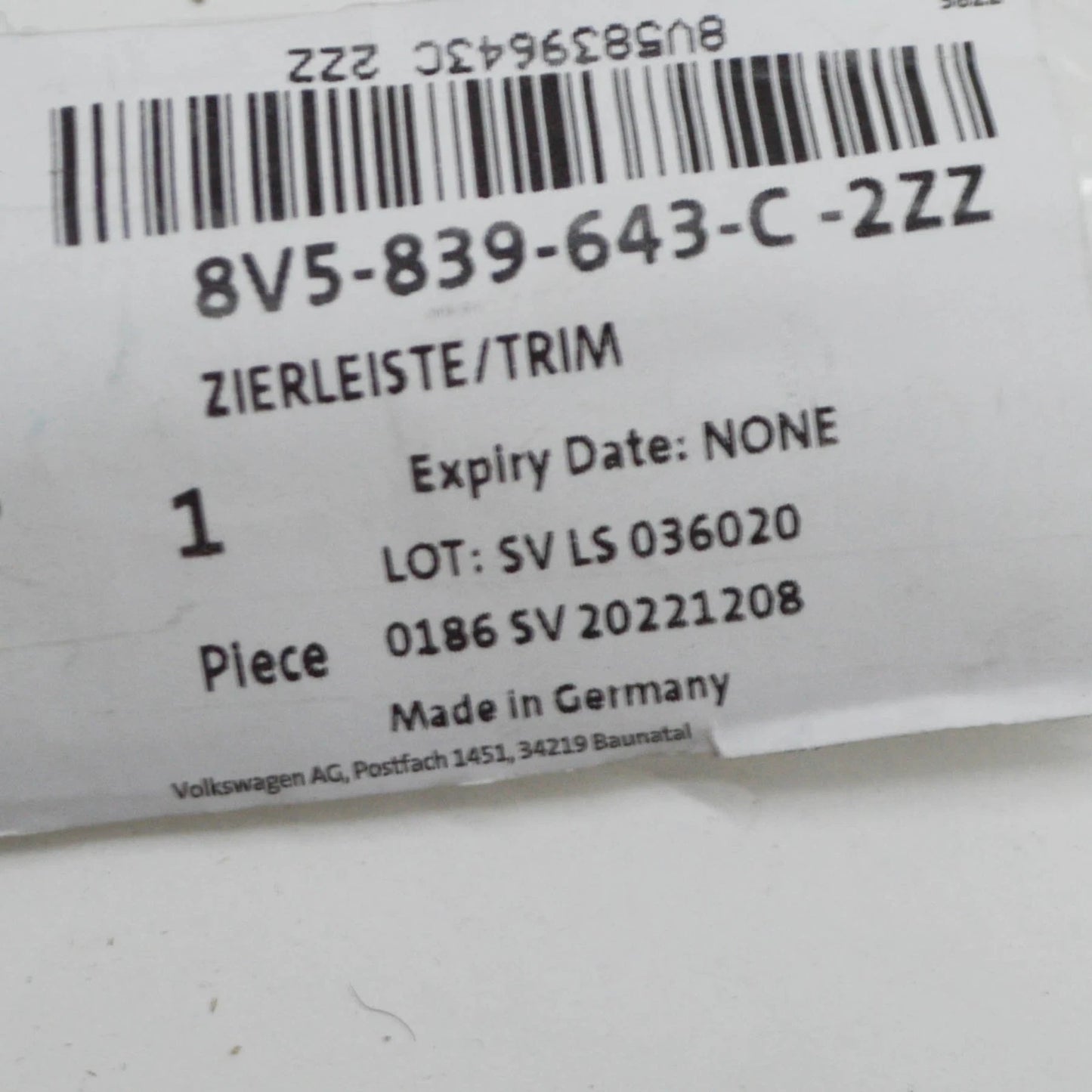 NEW AUDI A3 SPORTBACK 8V REAR LEFT DOOR WINDOW MOLDING 8V5839643C2ZZ ORIGINAL