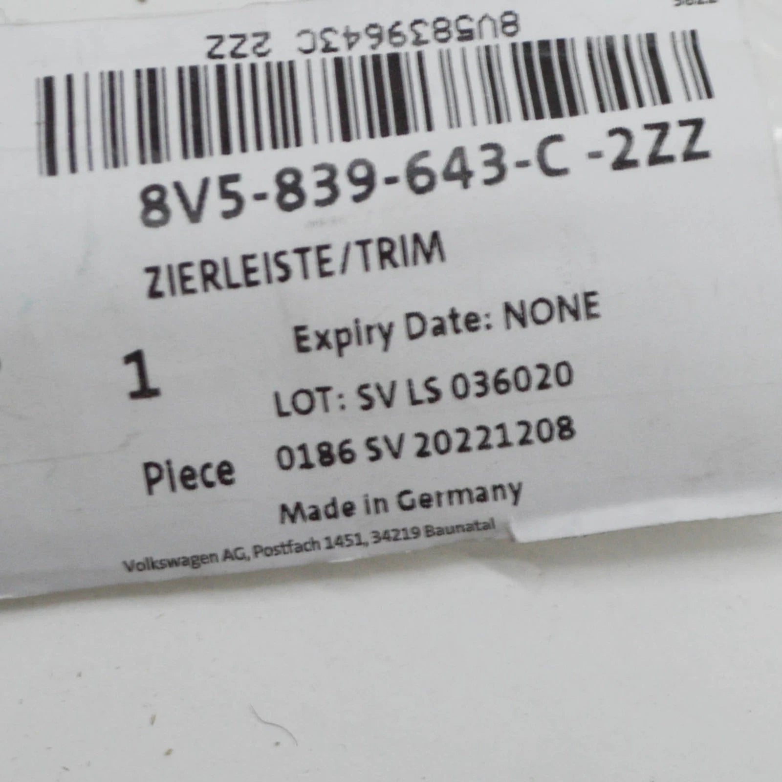 NEW AUDI A3 SPORTBACK 8V REAR LEFT DOOR WINDOW MOLDING 8V5839643C2ZZ ORIGINAL