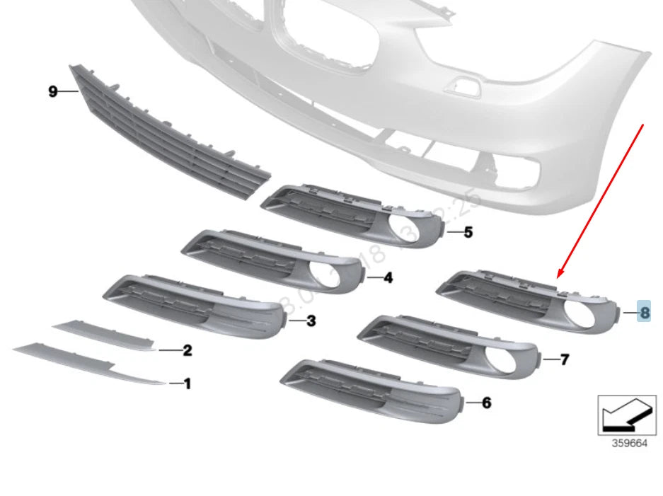 NEW BMW 5 GT F07 RIGHT FOG LIGHT PARTLY CLOSED GRILLE 51117331680 2015 ORIGINAL
