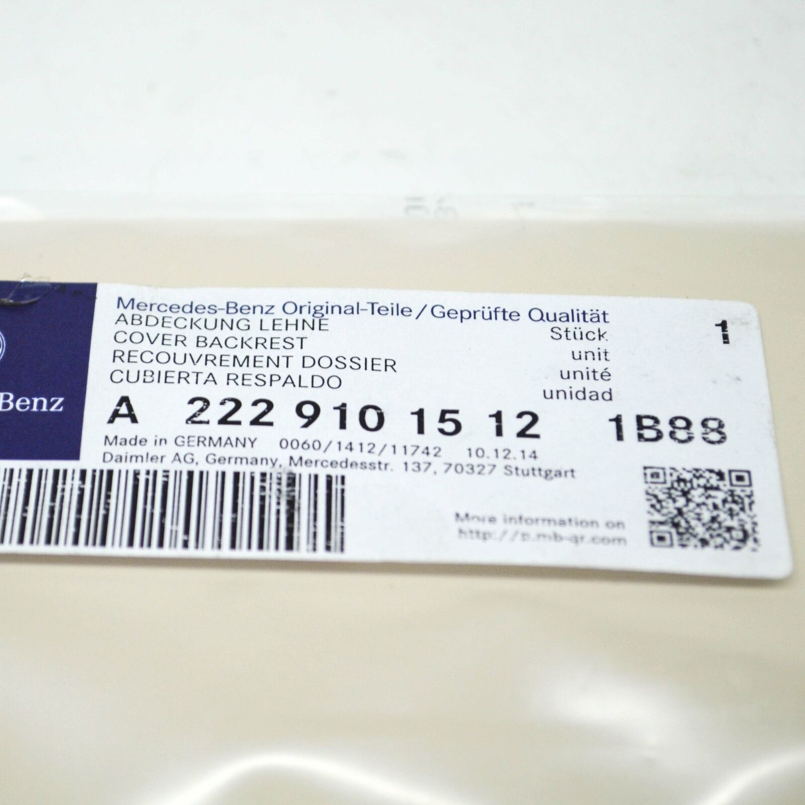 NEW MB S W222 FRONT LEFT SEAT BACKREST COVER TRIM LHD A22291015121B88 ORIGINAL